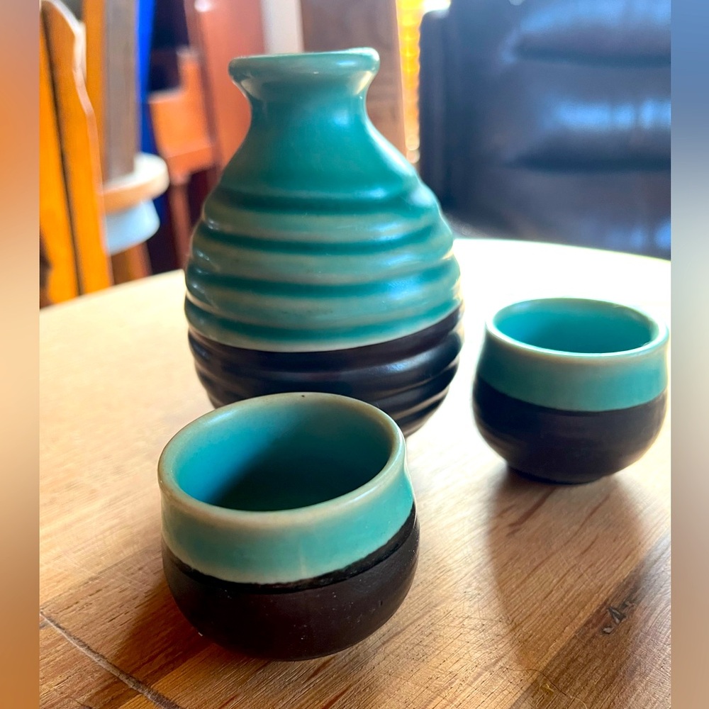 Japanese Sake set for two. Blue and brown.